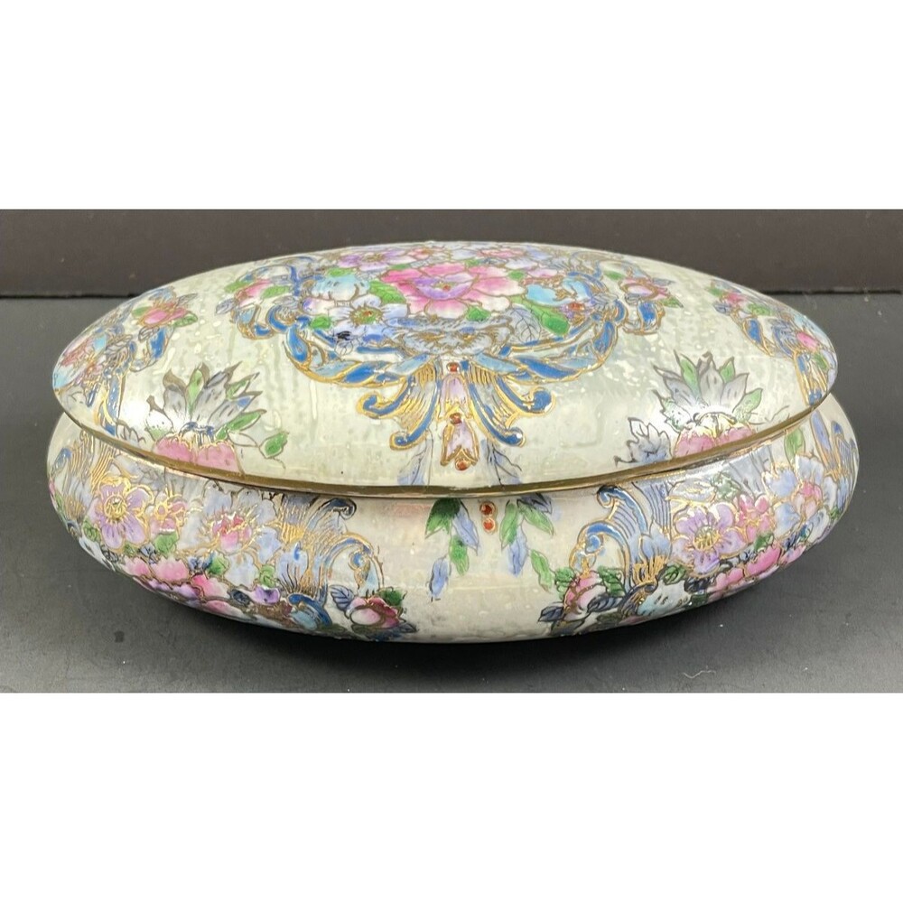 HFP Macau Hand Painted Trinket Box Oval Gold Gilded Pink Blue Floral Vintage